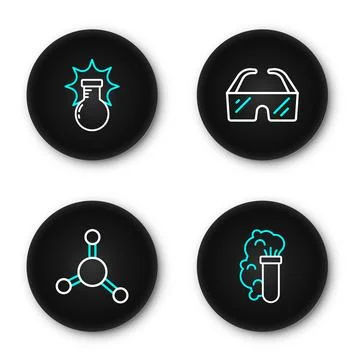 Set line Chemical explosion, Molecule, Safety goggle glasses and  icon. Vecto イラスト素材