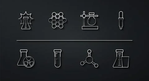 Set line Chemical explosion, Test tube radiation, Pipette, Molecule, and flask 스톡 일러스트