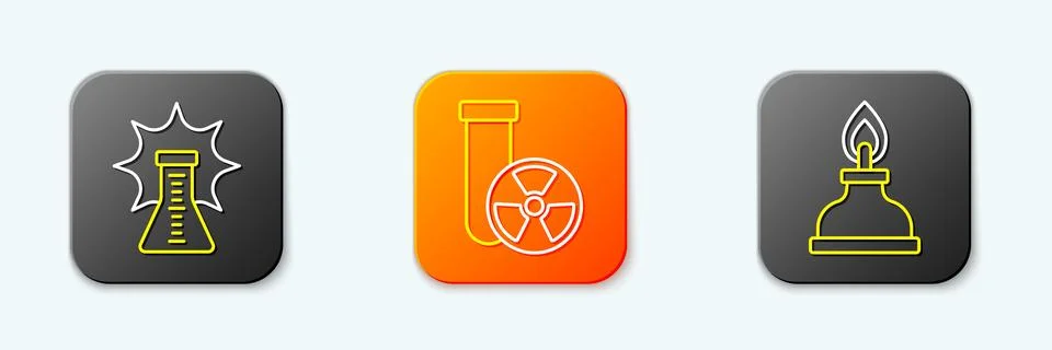 Set line Chemical explosion, Test tube radiation and Alcohol or spirit burn.. Stock Illustration