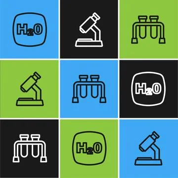Set line Chemical formula H2O, Test tube and Microscope icon. Vector 스톡 일러스트