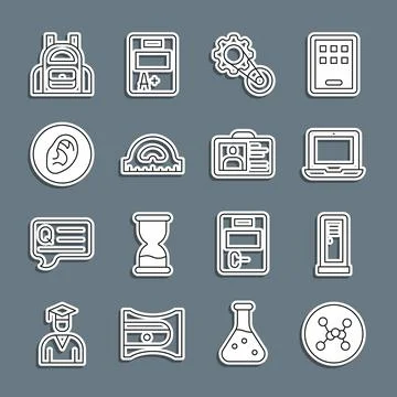 Set line Chemical formula, Locker changing room, Laptop, Timing belt kit, P.. Stock Illustration