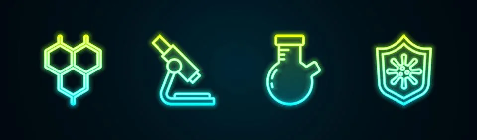 Set line Chemical formula, Microscope, Test tube and flask and Shield protecting Stockillustratie
