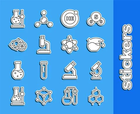 Set line Chemical formula, Microscope, Test tube, Helium, Radioactive, flask on Stockillustratie