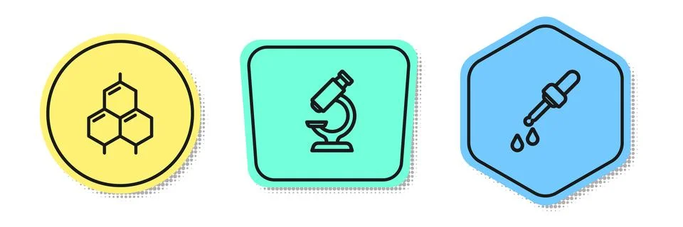 Set line Chemical formula, Microscope and Pipette. Colored shapes. Vector Illustrazione stock