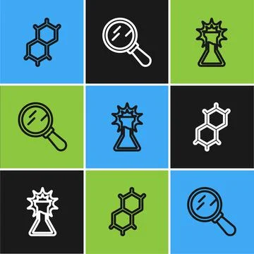 Set line Chemical formula, Test tube and flask and Magnifying glass icon. Vector Illustrazione stock