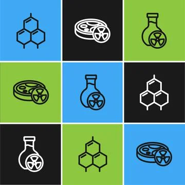 Set line Chemical formula, Test tube with toxic liquid and icon. Vector Illustrazione stock