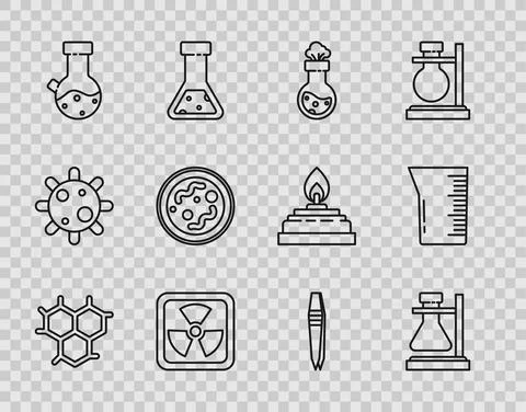 Set line Chemical formula, Test tube flask on stand, chemical, Radioactive Stock Illustration