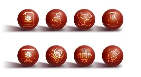 Set line Chemistry report, Atom, Test tube, Processor CPU, Planet Saturn an.. Stock Illustration