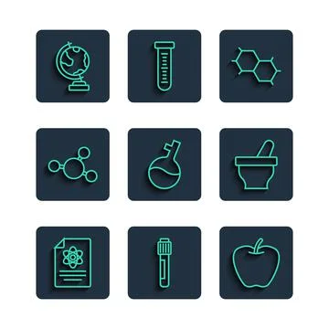Set line Chemistry report, Test tube, Apple, Chemical formula, Molecule, Earth Stock Illustration