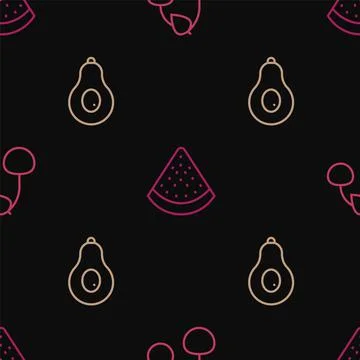 Set line Cherry, Avocado and Watermelon on seamless pattern. Vector Stock Illustration