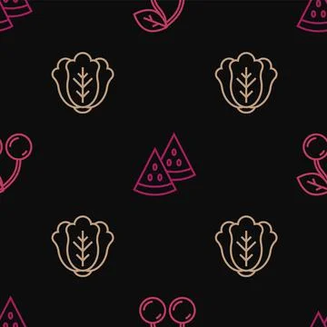 Set line Cherry, Cabbage and Watermelon on seamless pattern. Vector Stock Illustration