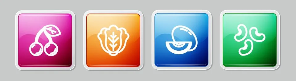 Set line Cherry, Cabbage, Melon fruit and Beans. Colorful square button. Vector Stock Illustration