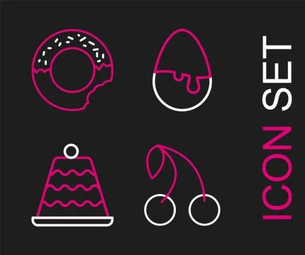 Set line Cherry, Cake, Chocolate egg and Donut icon. Vector Illustrazione stock