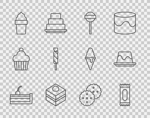 Set line Cherry cheesecake, Candy, Lollipop, Brownie chocolate, Ice cream in Stock Illustration