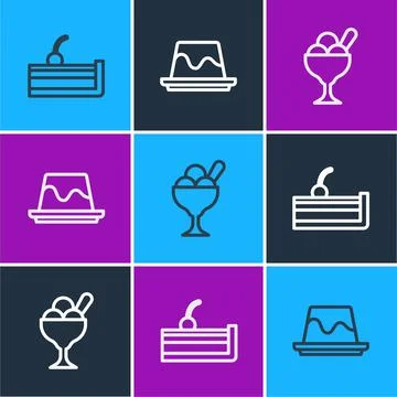 Set line Cherry cheesecake, Ice cream in bowl and Pudding custard icon. Vector Stock Illustration
