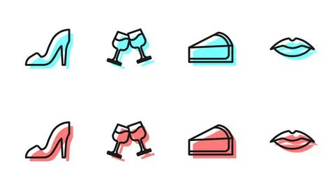 Set line Cherry cheesecake slice, Woman shoe, Wine glass and Smiling lips icon Stock Illustration