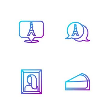 Set line Cherry cheesecake slice, Portrait picture in museum, Eiffel tower and Stock Illustration