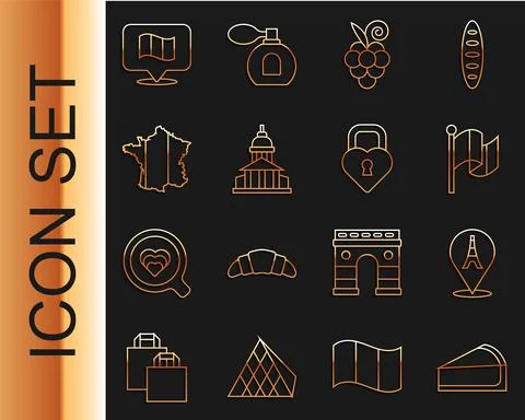 Set line Cherry cheesecake slice, Eiffel tower, Flag France, Grape fruit, Museum Stock Illustration