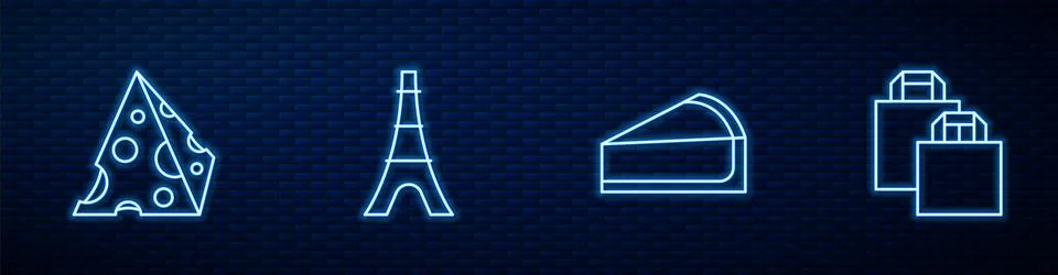 Set line Cherry cheesecake slice, Cheese, Eiffel tower and Paper shopping bag Ilustración de archivo