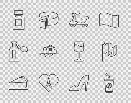 Set line Cherry cheesecake slice, Coffee cup to go, Scooter, Eiffel tower wit Stock Illustration