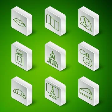 Set line Cherry cheesecake slice, Eiffel tower, Smiling lips, Museum building Illustrazione stock