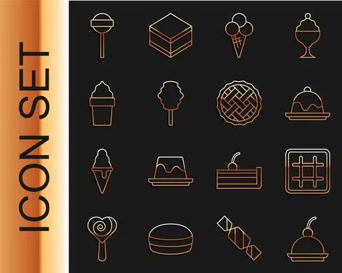 Set line Cherry cheesecake, Waffle, Cake, Ice cream in waffle cone, Cotton candy Stock Illustration