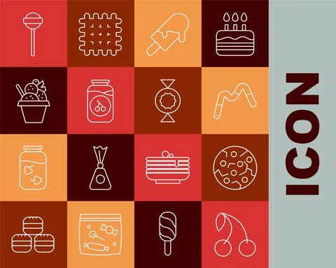 Set line Cherry, Cookie or biscuit, Jelly worms candy, Ice cream, jam jar, in Stock Illustration