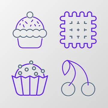 Set line Cherry, Cupcake, Cracker biscuit and  icon. Vector Stock Illustration