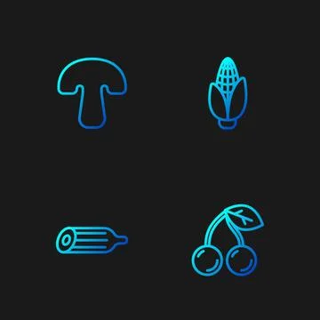 Set line Cherry, Fresh cucumber, Mushroom and Corn. Gradient color icons. V.. Stock Illustration