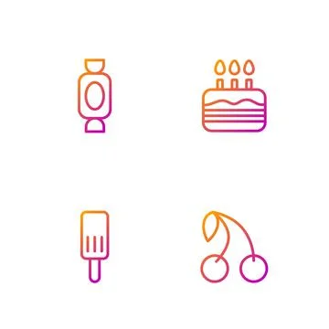 Set line Cherry, Ice cream, Candy and Cake with burning candles. Gradient color Stock Illustration