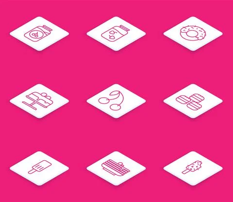 Set line Cherry jam jar, Strawberry, Donut, Cake plate, Macaron cookie, Ice Illustrazione stock