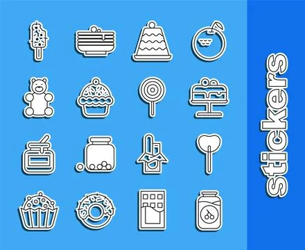 Set line Cherry jam jar, Lollipop, Cake on plate, Cupcake, Jelly bear candy, Ice Stock Illustration