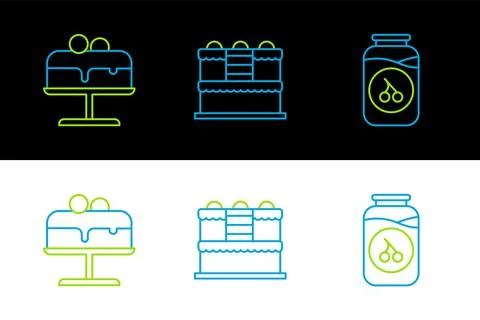 Set line Cherry jam jar, Cake on plate and  icon. Vector Stock Illustration