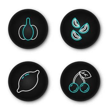 Set line Cherry, Lemon, Tomato and Garlic icon. Vector Stock Illustration