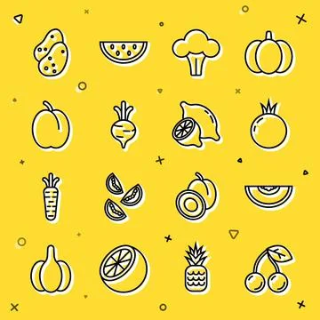 Set line Cherry, Melon fruit, Tomato, Broccoli, Beet, Plum, Potato and Lemon Illustrazione stock