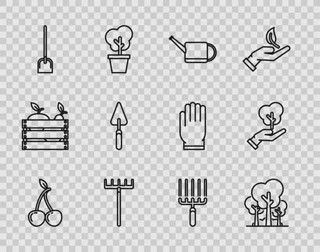Set line Cherry, Trees, Watering can, Garden rake, Shovel, trowel spade or .. Stock Illustration