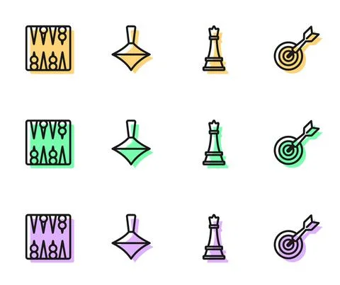 Set line Chess, Backgammon board, Whirligig toy and Classic dart and arrow icon Stock Illustration