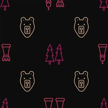Set line Chess, Bear head and Christmas tree on seamless pattern. Vector Illustrazione stock