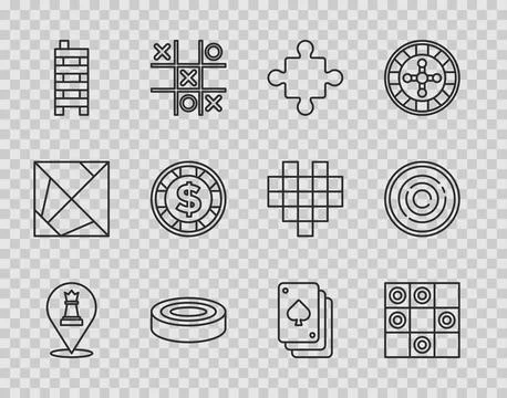 Set line Chess, Board game of checkers, Puzzle pieces toy, Checker chips Illustration