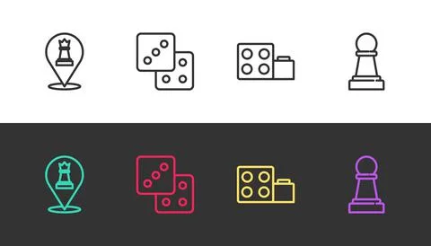 Set line Chess, Game dice, Toy building block bricks and on black and white Ilustración de archivo
