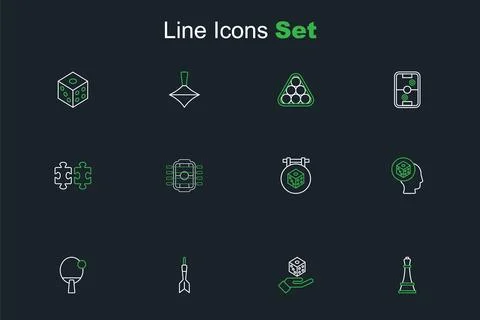 Set line Chess, Game dice, Dart arrow, Racket, Table football and Puzzle pi.. Stock Illustration