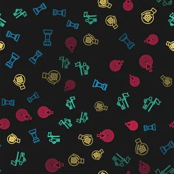 Set line Chess, Man holding flag, Target and with arrow on seamless pattern Stock Illustration