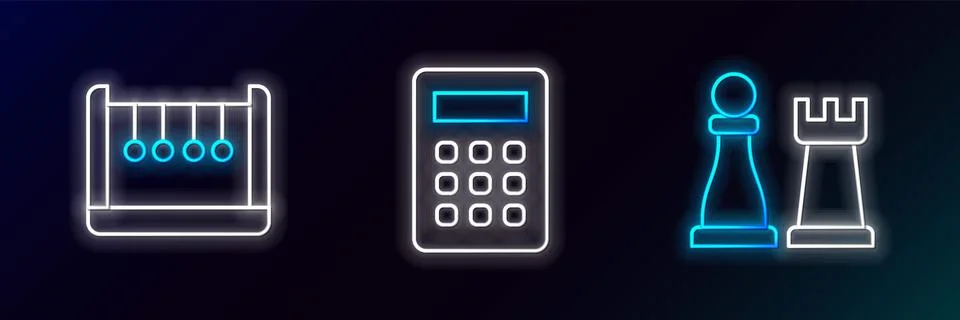 Set line Chess, Pendulum and Calculator icon. Glowing neon. Vector Stock Illustration