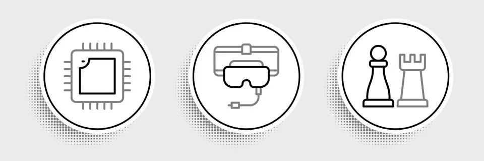 Set line Chess, Processor with CPU and Virtual reality glasses icon. Vector Illustrazione stock