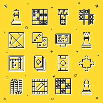 Set line Chess, Puzzle pieces toy, Domino, Game dice, Rubik cube, and Sport Stock Illustration