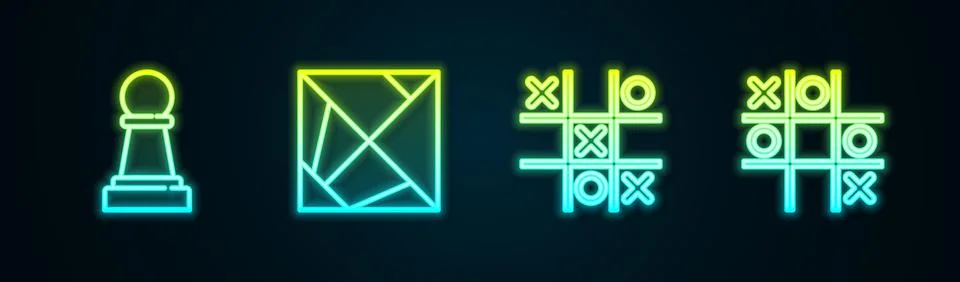 Set line Chess, Rubik cube, Tic tac toe game and . Glowing neon icon. Vector Illustrazione stock
