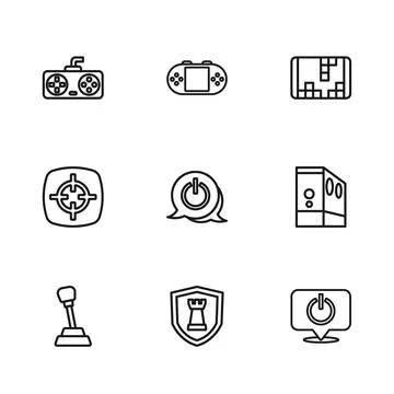 Set line Chess shield, Case of computer, Power button, Portable video game .. Stock Illustration