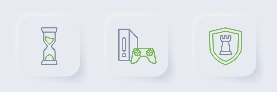 Set line Chess shield, Game console with joystick and Old hourglass icon. V.. 스톡 일러스트