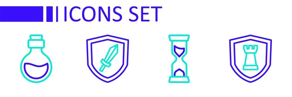 Set line Chess shield, Old hourglass, Sword for game and Bottle with magic .. Stock Illustration