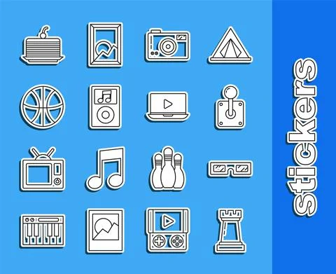 Set line Chess symbol, 3D cinema glasses, Joystick for arcade machine, Photo Illustrazione stock